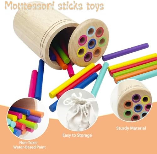 Wooden Montessori Sticks Toys for Kids, 8 Colors Natural Wood Toddler Learning Sorting Toys for 3 Year Old, Sensory Matching Game Birthday Gifts for Boys Girls (Round Sticks) - Image 3