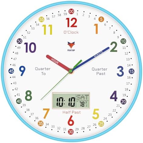 Foxtop Digital and Analog Learning Clock for Kids - Telling Time Teaching Clock 12 Inch Silent Non-Ticking Battery Operated Kids Wall Clock for Kids Room Playroom Nursery Classroom School (Blue) by Foxtop
