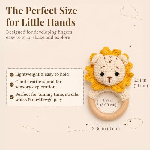 Néa Archí Crochet Baby Rattle, Organic Cotton & Beech Wood, Lion - Image 2
