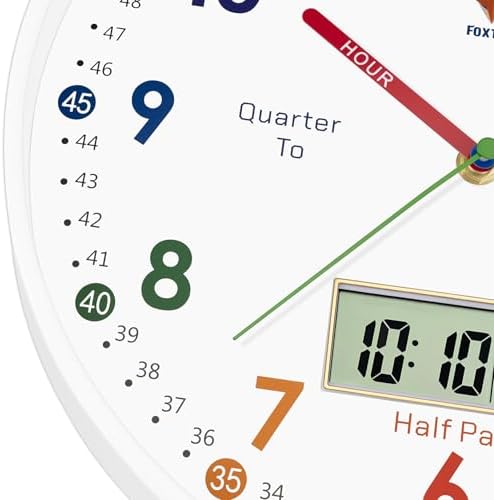 Foxtop Digital and Analog Learning Clock for Kids - Telling Time Teaching Clock 12 Inch Silent Non-Ticking Battery Operated Kids Wall Clock for Kids Room Playroom Nursery Classroom School (White) - Image 6