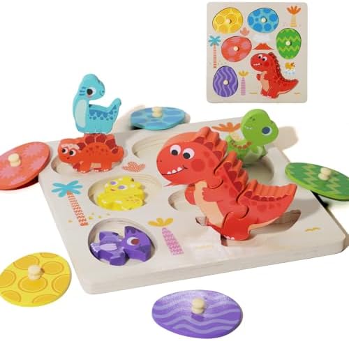Upgraded Montessori Dinosaur Puzzle for Toddlers, 3-Piece T-Rex Puzzle + 5 Egg-Shaped Matching Puzzles, Safe Wooden Educational Toy for 1-3 Years 2-4 Years Old Boys Girls, by WISBOOK