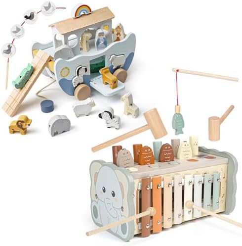 Joyreal Wooden Montessori Toys for 1 Year Old - Neutral Color Noah's Ark Toy and Hammering Pounding Toy - Christmas Birthday Gifts for 1-3 Year Old Toddler by Joyreal