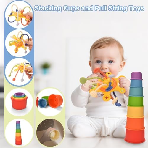Baby Toys 6-12 Months,6-in-1 Montessori Toys for 6-9-12 Month old,Sensory Teething Toys Stacking Cups Building Blocks,Teething Pull String,Tissue Box Toys for Babies 6-12,18-24 Months Baby Gifts - Image 4