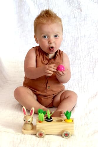 Adventure Awaits! Wooden Rabbit Pull Cart Farm Toy with Removeable Vegetables for Toddlers | Kids Montessori Easter Bunny Shape Sorting Car - Image 5