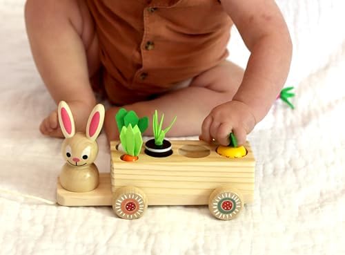 Adventure Awaits! Wooden Rabbit Pull Cart Farm Toy with Removeable Vegetables for Toddlers | Kids Montessori Easter Bunny Shape Sorting Car - Image 4