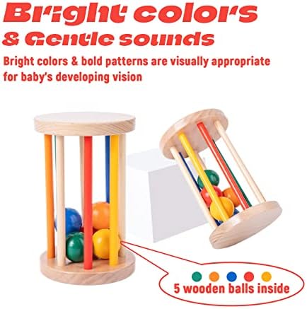 Montessori Toys for Babies 6-12 Months Wooden Rolling Drum Montssori Baby Sensory Toys for Wooden Rattle Spinning Rainbow,Boys and Girls Baby Gifts - Image 3