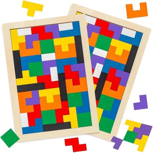 3 Otters Wooden Tangram Puzzle, 2-Pack Russian Blocks Brain Teaser by 3otters