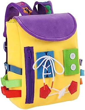 Busy Board - Toddler Backpack with Buckles and Learning Activity Toys - Develop Fine Motor Skills and Basic Life Skills - Learn to Tie Shoes - Children's Travel Toy (Yellow) by WHITE+DOLPHIN+TOYS