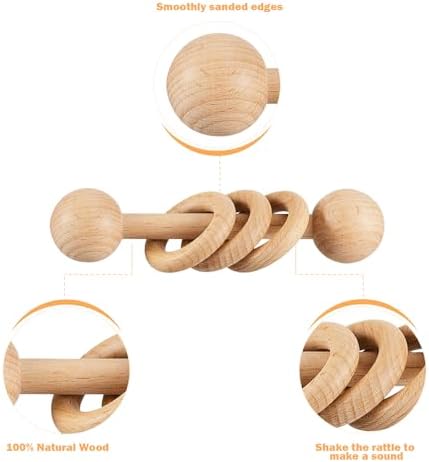 Chriswell Wooden Baby Rattle, Newborn Wooden Rattle Toy, Natural Wooden Montessori Baby Grip 3 Ring Toy, Baby Gift Toy, Wood Rattle-1 - Image 2