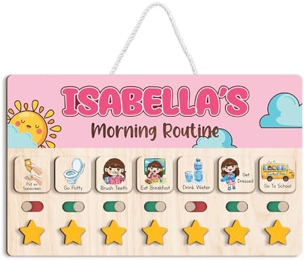 Personalized Wooden Chore Chart for Kids, Daily Routine Chart for Toddlers, Visual Schedule for Kids Age 3-5, Morning Bedtime Routine for Girls (01) by LilaLand