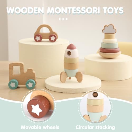 FReniland Wooden Montessori Toys, 4-Piece Wooden Baby Toy, Rainbow Stacking Ring,Car Push and Pull Toy, Rocket Stacking Ring Babys Toys,Newborn Baby Gift Sets for Boys and Girls - Image 2
