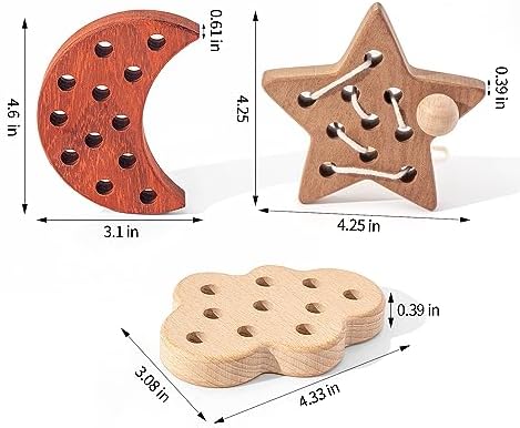 3 Pack Wooden Lacing Threading Toys for Toddlers 1-3 Solid Wood Threading Activity Puzzles, Moon/Stars/Cloud Quiet Toddler Toys for Airplane Travel Fine Motor Skills Sensory Toys - Image 4