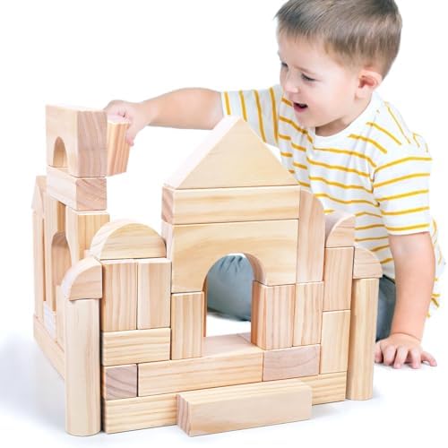 Large Wood Building Blocks with Wooden Storage Tray, 64-Piece Hardwood Sorting & Stacking Toys for Building & Balancing, Educational Preschool Learning Toys for 3+ Year Old Boy and Girl Gifts - Image 6