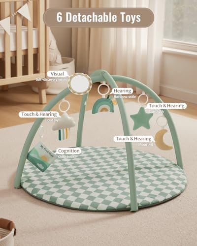 Blissful Diary Baby Play Gym Mat, Play Mat Activity Mat with 6 Detachable Toys for Stage-Based Sensory & Motor Skill Development, Easy to Install & Clean, Baby Essentials Gift, Sage Checkerboard - Image 3