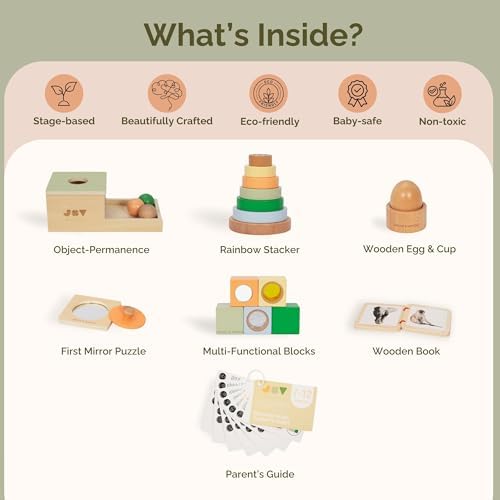 Jackie & Vancie Montessori Toy Set for Babies 7-12 Months Play Kit 6-in-1 Wooden Learning Toys with Object Permanence Box, Ring Stacker, Egg & Cup, Multipurpose Blocks and Mirror Puzzle - Image 2