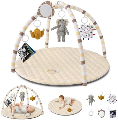 Blissful Diary Baby Play Gym Mat, Tummy Time Activity Mat with 6 Detachable Toys for Stage-Based Sensory & Motor Skill Development, Easy to Install & Clean, Baby Essentials Gift, Sandy Beige by BlissfulDiary