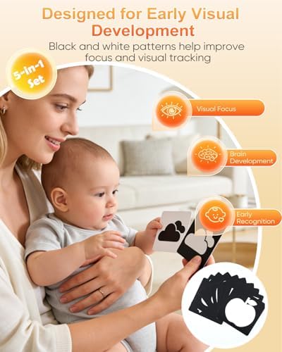 Montessori Toys for Babies 0-6 6-12 Months, Sensory Developmental Baby Toys, Tummy Time Toy - 5 in 1 Wooden Learning Toy Set, High Contrast Cards, Mirror & Spinning Drum for Newborn Infant Gift - Image 5
