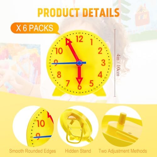 Henoyso 6 Pcs Teaching Clock for Kids 4'' Clocks Classroom Set, Yellow - Image 2