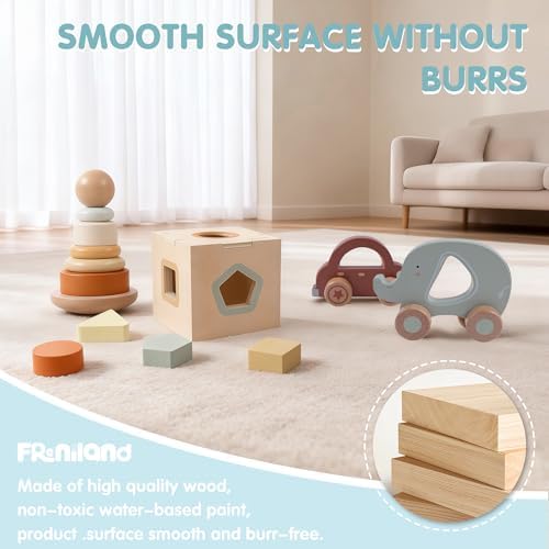 FReniland Wooden Baby Toy Set for 12M+, Montessori Grasping & Stacking Toys, Elephant & Car Sensory Toys, Natural Wood Fine Motor Skill Development Gift for Boys & Girls - Image 3