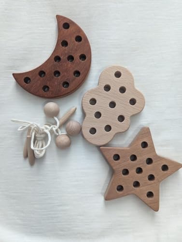 3 Pack Wooden Lacing Threading Toys for Toddlers 1-3 Solid Wood Threading Activity Puzzles, Moon/Stars/Cloud Quiet Toddler Toys for Airplane Travel Fine Motor Skills Sensory Toys - Image 2