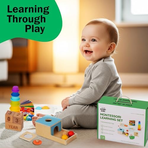 Montessori Toys for Babies 7-12 Months - 6-in-1 Baby Learning Set w/Object Permanence Box, Color Book, Milestone Blocks & More - Educational Toys for Fine Motor & Cognitive Development - Image 2