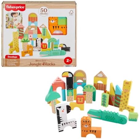 Fisher-Price Wood Toddler Toy Jungle Blocks, 50-Piece Wooden Animal Building Set for Preschool Pretend Play Kids Ages 2+ Years by Unknown