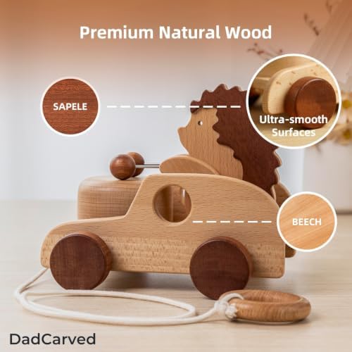 Hedgehog Pull Toy | Montessori Wooden Pull-Along Walking Toy with Wooden Grip Ring | Natural Drumming Sound for Kid Toddlers - Image 6