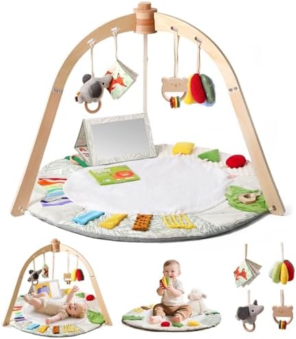 Macabaka Wooden Baby Play Gym & Tummy Time Playmat – Montessori Sensory Activity Mat with 6 Developmental Toys for Fine Motor Skills – for Newborns to Toddlers (0–12M+) by Macabaka