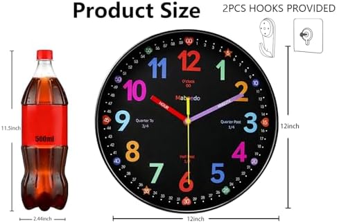 Learning Wall Clock, 12 Inch Classroom Clock, Battery Operated Silent Analog Wall Clocks for Bedroom Classroom Decor, Homeschool Supplies Telling Time Teaching Clocks for Kids, Black - Image 3