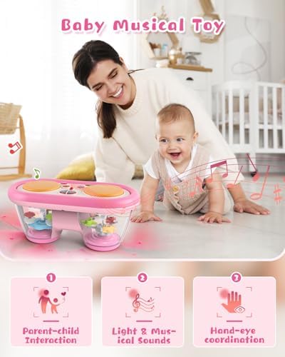 Baby Toys for 6 to 12 Months: 7 Models Pink Rotating Light Up Drum Musical Instruments for 12-18 Months Kids, Tummy Time Toys for Baby 0-3-6-9 Months, Walker for Boy Girl Gifts - Image 3