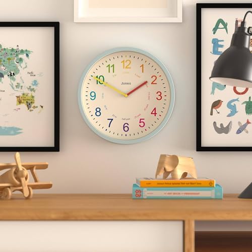 JONES CLOCKS® Kids wall Clock | Small Modern Children’s Nursery Clock | 10" | Pale Blue | Colourful dial for Learning to Tell the time - Image 2