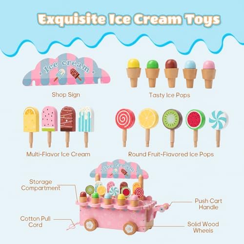 BROWNROOT Wooden Ice Cream Cart, Pull Along Pretend Play Toy for Kids - Image 3