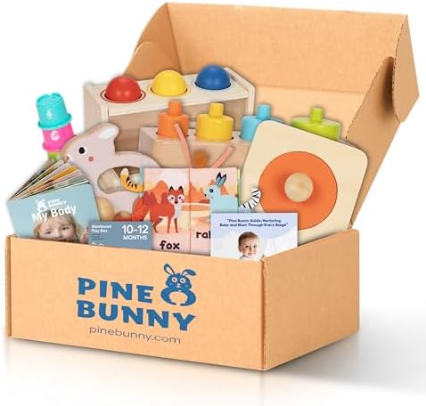 Pine Bunny Montessori Wooden 11-in-1 Toy Set for 10+ Months, Cylinder Block, Push Ball Box, Mirror Puzzle, Stacking Cups Rabbit Rattle Soft Book Educational Learning Color Recognition Fine Motor Toys - Image 5