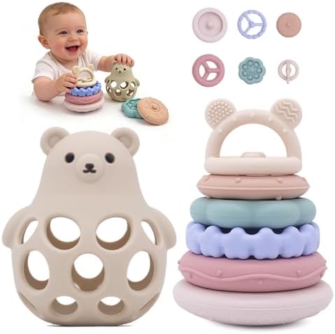 Stacking Rings Baby Toy, 7-Piece Silicone Baby Teething Toy,6M+ Beige Jenga by CuddleCubsCreations