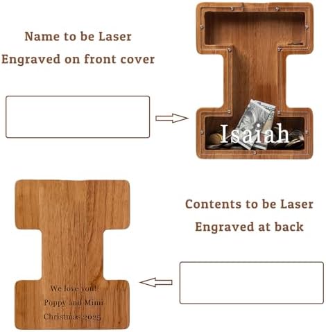 Personalized Large Wooden Kids Letter Piggy Bank - (Laser Engraved) Custom Piggy Bank for Boys Girls - Wooden Banks with Initials - Alphabet Money Box Bank Birthday Letter I Bank - Image 2