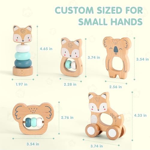 FReniland Wooden Montessori Toys, 5-Piece Wooden Baby Toy, Koala Baby Rattle, Fox Stacking Ring, Little Fox Push and Pull Toys,Koala Holding Toy,Newborn Baby Gift Sets for Boys and Girls - Image 5