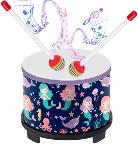 Boao Kids Floor Tom Drum with 2 Rainbow Mallets for Over Age 6 Year, Wooden Percussion Instrument Music Drum Set 8'' W x 6.5'' H Toys Educational Kids' Instruments for Birthday Gift(Mermaid Style) by Boao