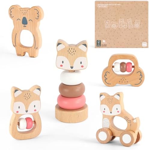 FReniland Wooden Montessori Baby Toys Set, 5-Piece Newborn Gift Set with Koala Rattle, Fox Stacking Rings & Push-Pull Toy for Boys and Girls by Freniland
