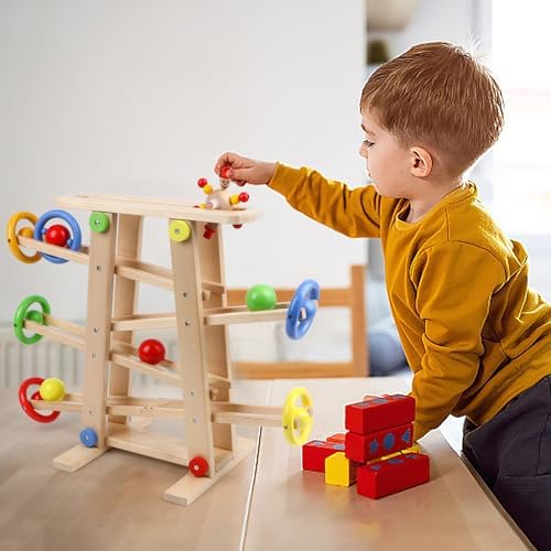 Wooden Wooden Race TrackToys, Wood Car Ramp Racer Toy Vehicle Set with 4 Balls & 5 Race Tracks, Great Educational Montessori Toys for Kids Boys Girls - Image 5
