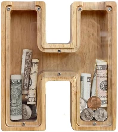 Wooden Letter Piggy Bank for Kids Boys Girls, A-Z Letters Wood Coin Bank Money Box, Piggy Bank for Toddler Family Christmas Birthday Gift(H) by FINDAMAZE