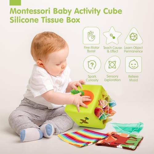 hahaland Baby Tissue Box Toy - Baby Toys 6-12 Months Montessori Toys with Scarves, Crinkle, Textures, Mirror - Gifts for Babies - Image 7