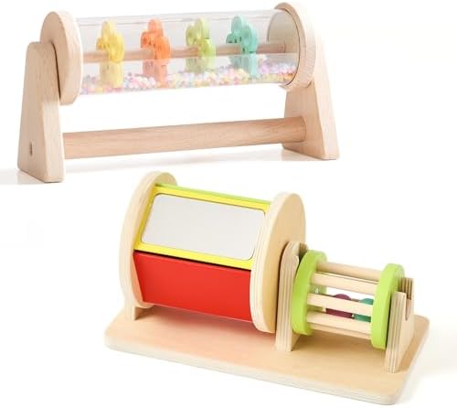 IEATFO Tummy Time Toys - Rain Stick Toy with Stand, Sensory Sound Training Tool for Kids - Wooden Spinning Drum & Rolling Rattle Combo by IEATFO
