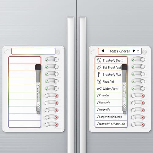 Chore Chart for Kids Dry Erase Chore Board ADHD Tools for Kids to Do List Checklist Task Board Routine Chart Planning Board for Fridge with 10 Sliders and Magnetic Marker, White and Rainbow, 2 Pack by KAQUBE