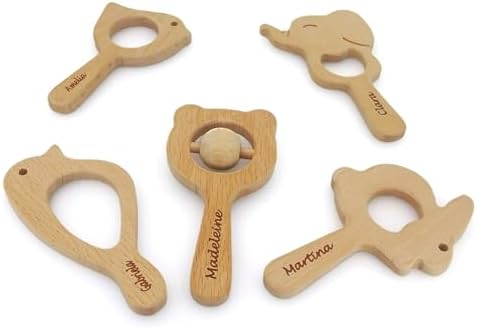 Personalized Wooden Baby Teether Rattle Set as a First Birthday Gift, ustomizable Newborn Baby Rattle Teether Baby Shower Gift, Welcome Baby Gift, 5 Pieces Montessori Wooden Babies Toys 0-6 Months by JOLLYWOODPECKER