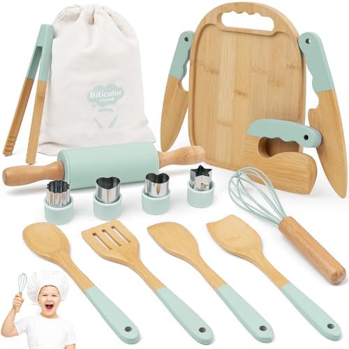Wooden Kids Cooking Set Montessori Kit - Real Toddler Kitchen Tools & Baking Utensils - 30PCS Cooking Kit for Kids with Storage Bag, Great Gift for Pretend Play & Montessori Learning (Green) by Unknown