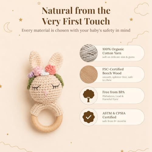Néa Archí Crochet Baby Rattle, Organic Cotton & Beech Wood, Rabbit - Image 2