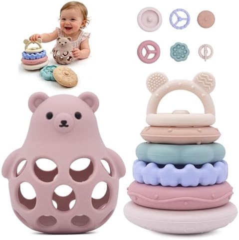 Stacking Rings Baby Toy, 7-Piece Silicone Baby Teething Toy, 6M+ Pink Jenga by CuddleCubsCreations