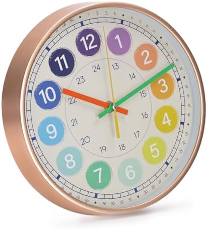 Kids Wall Clock Telling Time Silent Non-Ticking Learning Clock Colorful Teaching Wall Clocks Round Plastic Analog Educational Decor Clock for Classroom, Playroom (EDU3-Rose Gold, 10 inch) - Image 3