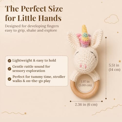 Néa Archí Crochet Baby Rattle, Organic Cotton & Beech Wood, Unicorn - Image 5