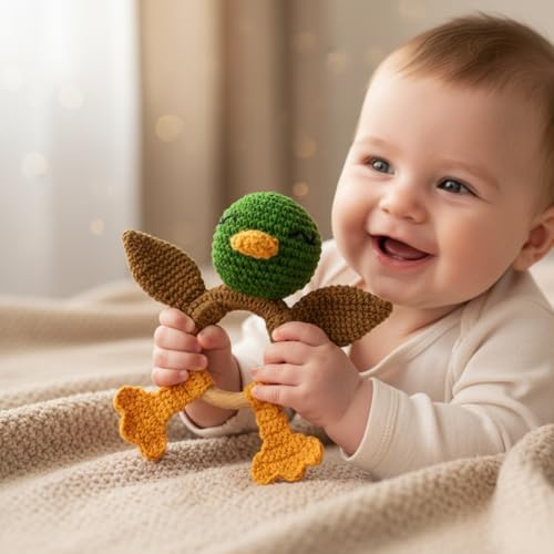 Wooden Baby Rattle for Boys and Girls, Crochet Stuffed Animal for Newborn, 3 4 5 6 Month Toys, Mallard Duck - Image 2
